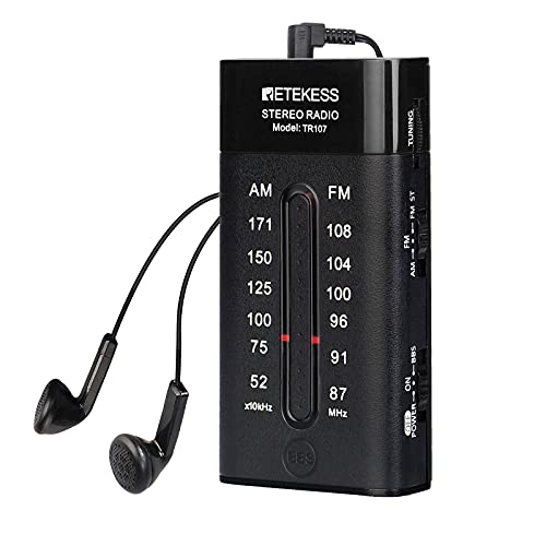 Retekess TR107 Mini Radio Batteriebetrieben, Kleines Radio mit Kopfhörer, Transistor FM AM, FM-Stereo, Mega BASS, zum Gehen, Joggen, (Schwarz) von Retekess