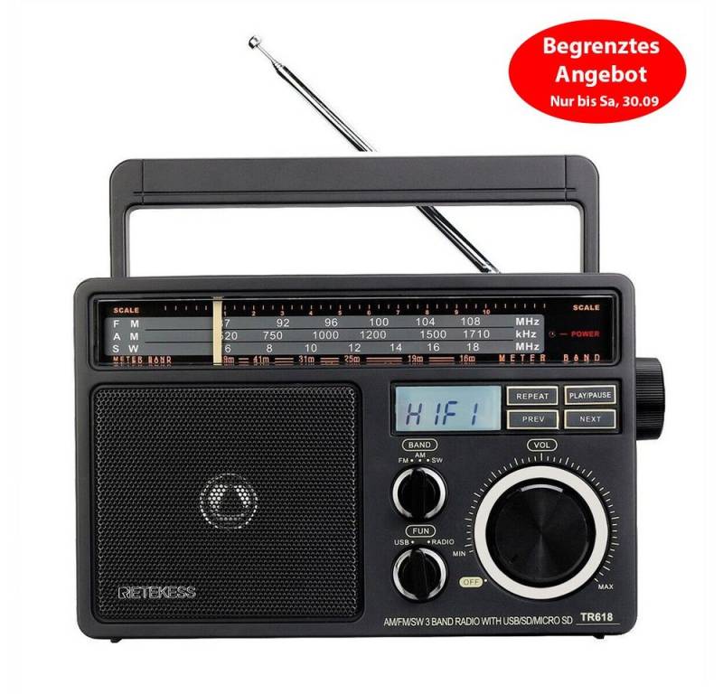 Retekess TR618 Tragbares Radio, Großem Lautsprecher, für älteren Menschen Radio (2 Arten von Stromversorgungsmodus, FM AM SW Radios, Großes Zifferblatt) von Retekess
