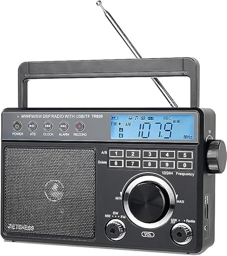 Retekess TR629 Tragbares Radio,Weltempfänger Radio mit Lautsprecher,FM AM SW LW,AC Kabel oder Batteriebetrieben,USB SD Karte,Wecker,für Ältere Menschen (Schwarz) von Retekess