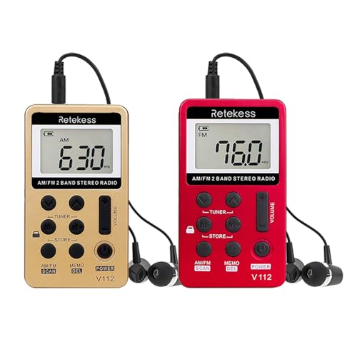 Retekess V112 kleines Radio,Taschenradio mit Kopfhörer,FM AM,Tragbar,500mAh Akku, Zum Joggen, Reisen für Senioren,Muttertagsgeschenk(2 Stück,Gelb und Rot) von Retekess
