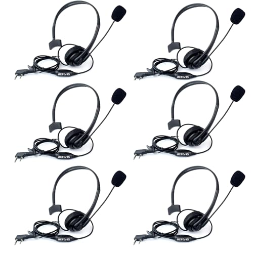 Retevis 2 Pin Funkgeräte Headset PTT Einstellbar mit Swivel Boom Lautsprecher Mikrofon Kopfhörer Kompatibel mit Walkie Talkie RT24 RT22 RT27 RT1 RT5 Baofeng BF-88E BF-888S Kenwood (6 STK) von Retevis