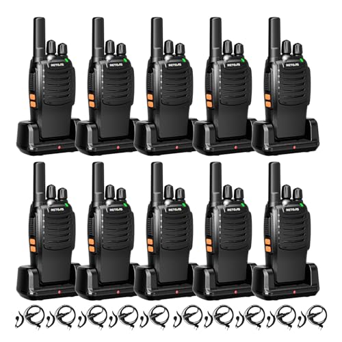 Retevis H777 Funkgerät, Walkie Talkie mit Kopfhörer, Taschenlampe, EIN-klick-Alarm, Frequenzbindung mit einem klick, VOX, Robust, Typ-C, Funkgeräte Set für Restaurants, Schulen (10 STK, Schwarz) von Retevis