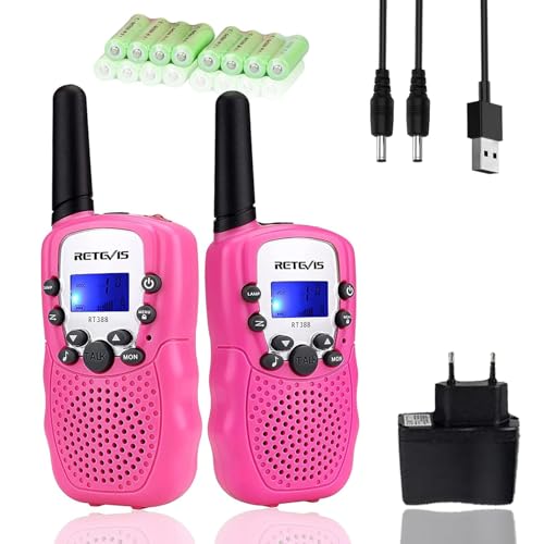 Retevis RT388R Walkie Talkie Kinder Aufladbar, Walky Talky mit Batterie, Taschenlampe,Spielzeuggeschenk,CTCSS/DCS Große Reichweite Funkgerätfür Camping,Spy Kinder(1 Paar, Rosa) von Retevis