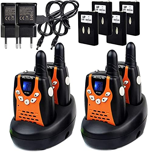 Retevis RT602 Walkie Talkie Kinder, Aufladbar 4er, Große Reichweite Funkgeräte 8 Kanäle Taschenlampe,mit Batterien und Ladegerät, Spielzeuggeschenk Ostern für Familienausfluger(2 Paare, Orange) von Retevis