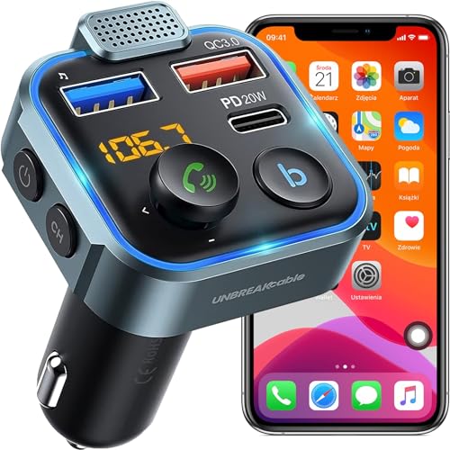 Retoo FM Transmitter Bluetooth 5.0 Auto Radio, Empfänger Adapter, Auto Ladegerät mit Dual USB Aufladung, Freisprecheinrichtung, Typ-C QC 3.0 USB, PD 20W, Schnellladung mit Blauem Umgebungslicht von Retoo