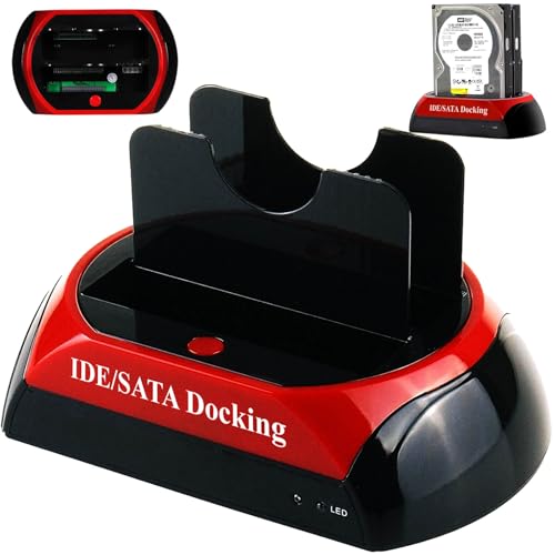 Retoo Festplatten Docking Station USB 2.0, Dockingstation für SATA IDE 2,5 Zoll & 3,5 Zoll HDD SSD SATA, Dualschacht, Offline Klon, Klonfunktion Konverter Adapter, Festplatten-Dockingstation von Retoo