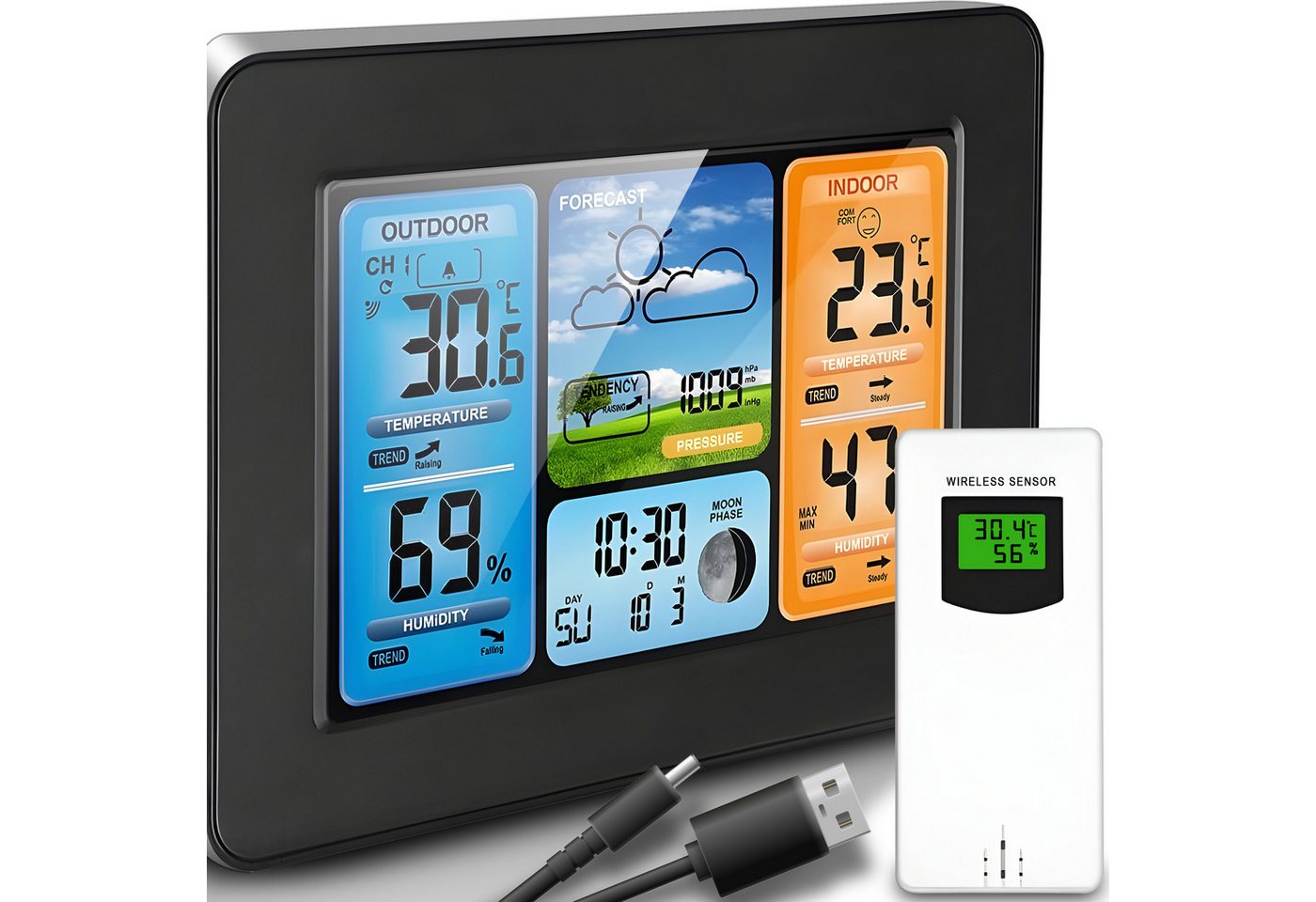 Retoo Funk mit Außensensor Thermometer Hygrometer Farbdisplay Wetterstation (Wettervorhersage Modern und praktisch Großes und lesbares LCD-Display) von Retoo