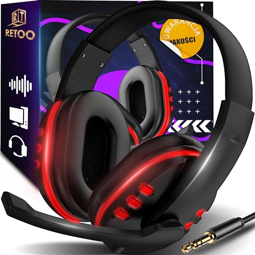 Retoo Gaming Headset, Kopfhörer mit Kabel für PS4, PS5, PC, Xbox, Gamer Headphones mit Mikrofon, Kabelgebundenes Headset with Microphone, 20cm x 16cm x 7cm, Schwarz- rot von Retoo