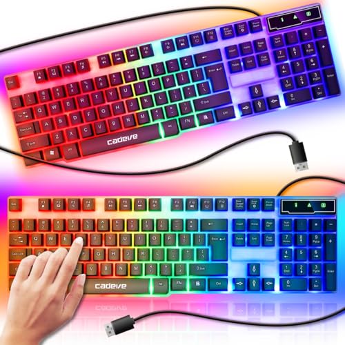 Retoo Gaming-Tastatur mit dynamischer RGB-LED-Diode, Kabelgebundene Membran-Gaming-QWERTY-Tastatur für PC, Gamer, Arbeits, Kompakter und Ergonomisch Tastatu, hörbare Multimedia-Tasten von Retoo