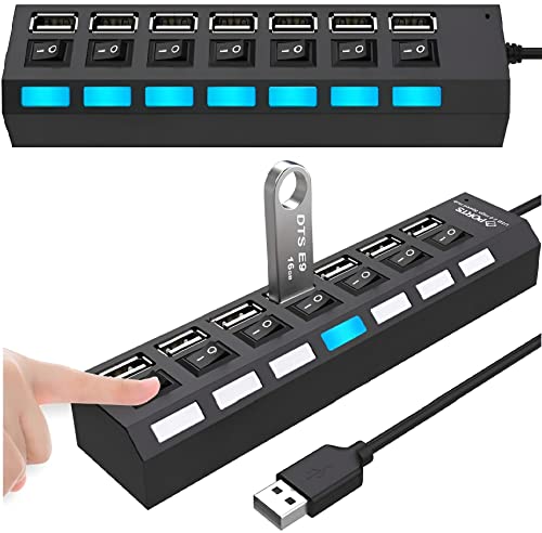 Retoo Hub USB 2.0 7 Port Adapter mit Power Schalter und LED Datenhub Aktiv mit EIN/Aus-Schalter fur PC Laptop Powerbank USB Mehrfach Ports Verteiler mit Langes Kabel Multiport von Retoo