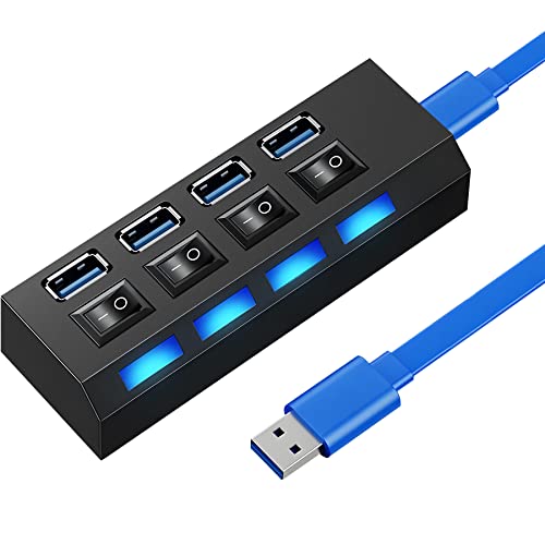 Retoo Port Hub USB mit Power Schalter und LED, Datenhub Aktiv zum Laden zur Datenübertragung, Mehrfach Ports Verteiler EIN/Aus-Schalter fur PC, Laptop, MacBook Air, Powerbank (4 3.0), Schwarz von Retoo