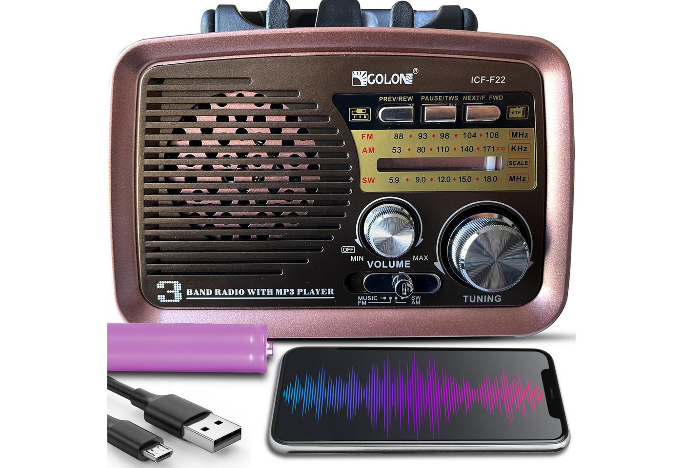 Retoo Retro Radio Bluetooth FM Vintage Kofferradio Küchenradio hellbrau Küchen-Radio (Batteriebetrieben, unterstützt USB, Bluetooth,SD-Karte, AM, FM, SW, 2,00 W, Mobilność, retro design, USB, Bluetooth, SD, AM, FM, SW) von Retoo