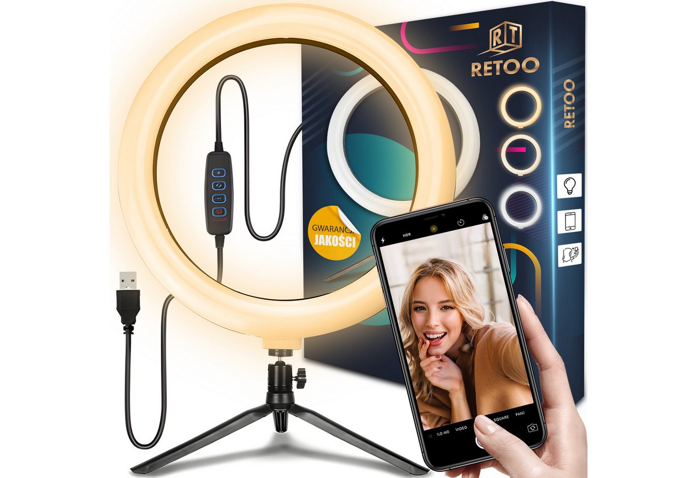 Retoo Ringlicht LED Ringlicht USB Ringleuchte Dimmbar Selfie 16cm TikTok Vlogging, Perfekte Beleuchtung, Anpassbare Beleuchtungsmodi, Stabiles Stativ von Retoo