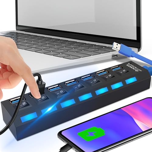 Retoo USB Hub 3.0 7 Port USB Verteiler 5gb/s, Datenhub mit Separater Schalter, Netzteil Port mit Einzelnen LED-Netzschaltern, Kompatibel fur Laptop, PC und weitere USB Geräte von Retoo