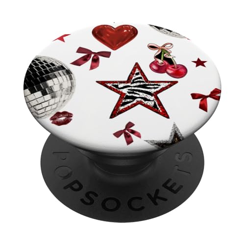Retro Red Star & Bow Coquette Discokugel Y2K Cherry Kiss PopSockets Klebender PopGrip von Retro Red Star & Bow Coquette Disco Ball Y2K