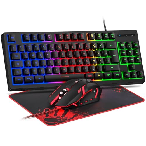 Rewurnth Gaming Tastatur und Maus Set, DE-Layout, 75% TKL, RGB Hintergrundbeleuchtete Kabelgebundene Tastatur, Ergonomische 4-Farbige LED Gaming Maus, Großes Mauspad, USB Plug & Play für PC, Mac, Xbox von Rewurnth
