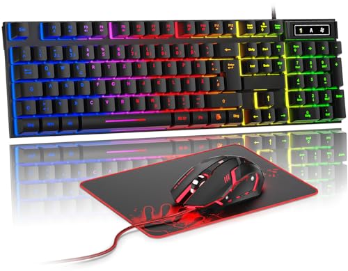 Rewurnth Gaming Tastatur und Maus Set, DE Layout, RGB Hintergrundbeleuchtete Kabelgebundene Tastatur, Ergonomische 4 Farbige LED Gaming Maus, Großes Mauspad, USB Plug & Play für PC, Mac, PS4, Xbox von Rewurnth