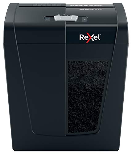 Rexel Aktenvernichter Secure X10, Partikelschnitt, 11-10 Blatt A4 (70-80 g/m²) Kapazität, Sicherheitsstufe P4, 18L Abfallbehälter, leise & kompakt, für zu Hause / Home Office, schwarz, 2020124EU von Rexel