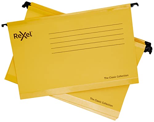 Rexel Classic 2115593 Hängemappen, Kanzleipapier, verstärkt, 15 mm V-Boden, 100% recycelter Karton, gelb, 25 Stück von Rexel