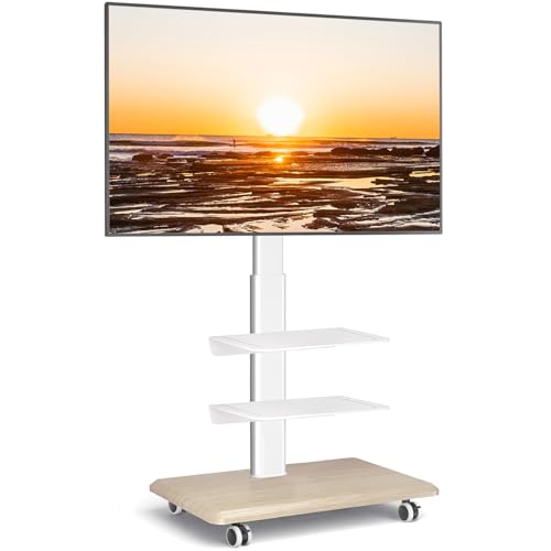 RFIVER Mobiler TV Ständer auf Rollen TV Bodenständer Rollbar mit 3 Ablagen für 26-65 Zoll Fernseher,höhenverstellbar schwenkbar TV Standfuß TV Rollwagen mit Holzfuß bis 35kg Max. VESA 400x400mm von Rfiver