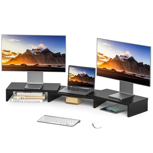 Rfiver Monitorständer Monitor Stand Bildschirmerhöhung - Holz Dual Unterbau Bildschirm Laptop Ständer Tisch Erhöhung für 2 PC Notebook Computer Swivel Länge Justierbar | (840-1232)*235 * 95mm Schwarz von Rfiver