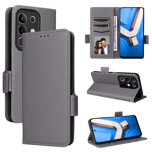 Rfvzubemok Kompatibel mit Vivo Y29 4G V243 Hülle,PU-Lederstativ mit Kartenhalter Kompatibel mit Vivo Y300t 5G / T4x 5G / iQOO Z10x I2404 Flip Magnetverschluss Wallet Cover Grey von Rfvzubemok