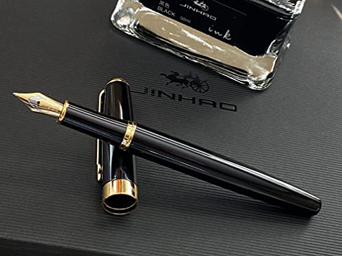 Rhapsody Jinhao Baoer Tintenschreiber-Set aus Edelstahl, inkl. Stift + Farbpatronen zur Auswahl (schwarze Tintenpatronen, Baoer 388 Pen (Schwarz & Gold)) von Rhapsody