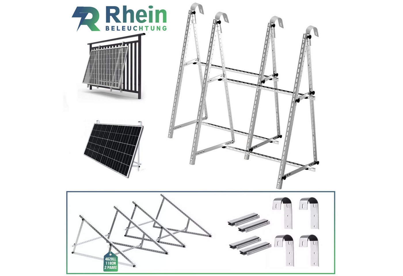 Rhein Beleuchtung Solarmodul-Halterung 118cm Verstärkte Solarpanel-Montagehalterung(mit Balkonhaken), (Edelstahl, Universelles Design, spart Balkonplatz, erhöht Solarertrag) von Rhein Beleuchtung