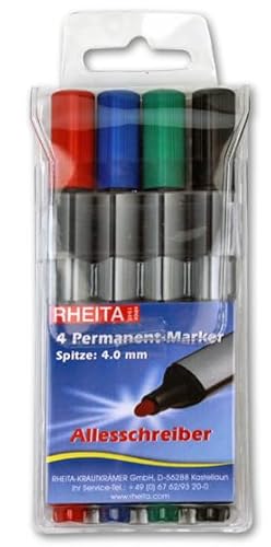 Rheita Dreikant Permanentmarker Set (triagonal) mit runder Spitze (4,0 mm), schwarz, blau, rot und grün im Etui von Rheita