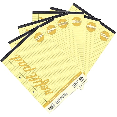 RHINO Schreibwaren | Yellow Paper A4 Refill Pad | 100 Page | 8mm liniert mit Rand | Schulnotizblock | Pack of 6 von Rhino