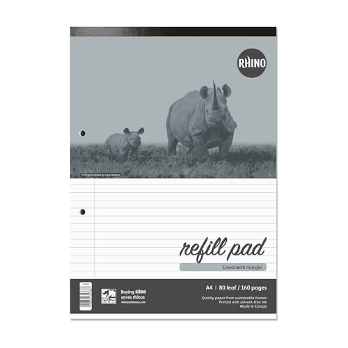 Rhino Stationery A4 Nachfüllblock 160 Seiten | 8 mm liniert mit Rand | Kopfgebundener Notizblock Grau | Schulnotizblock Qualitätsschreibpapier von Rhino