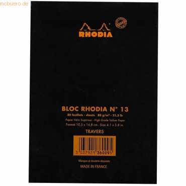 10 x Rhodia Notizblock Rhodia Nr. 13 A6 liniert 80 Blatt schwarz von Rhodia
