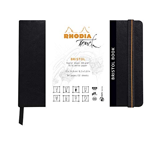 Rhodia 116114C - Skizzenbuch Bristol Book, 32 Blatt blanko, weißes Bristolpapier, 205g, 21 x 14,8 cm 205g, Querformat, Softcover mit Kunstleder, Schwarz, 1 Stück von Rhodia