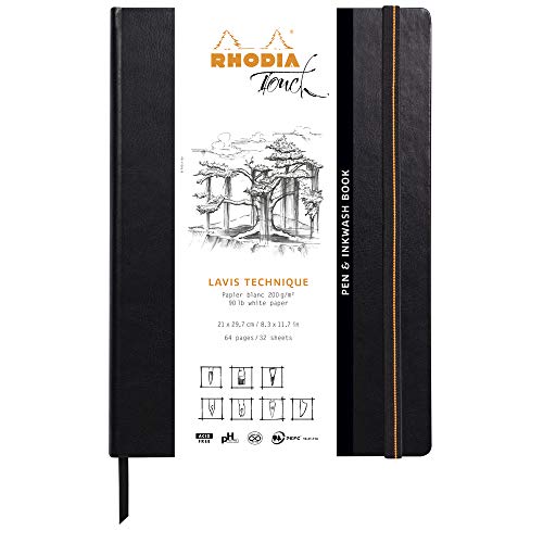 Rhodia 116128C - Heft Pen&Inkwash Book DIN A4 (21x29,7 cm), 32 Blatt, blanko, Clairefontaine Papier Lavis weiß 200g, Gummizugverschluss, Lesezeichen, Kunstleder, Schwarz, 1 Stück von Rhodia