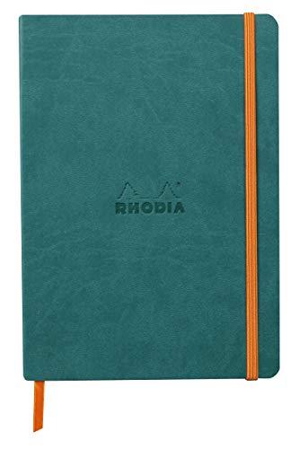 Rhodia 117376C - Notizheft Softcover Rhodiarama DIN A5 (14,8x21 cm), 80 Blatt, liniert Clairefontaine Papier Elfenbein 90g Lesezeichen, Gummizugverschluss, Cover aus Kunstleder Pfaugrün, 1 Stück von Rhodia