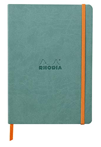 Rhodia 117377C - Notizheft Softcover Rhodiarama DIN A5 (14,8x21 cm), 80 Blatt, liniert Clairefontaine Papier Elfenbein 90g Lesezeichen, Gummizugverschluss, Cover aus Kunstleder Aquablau, 1 Stück von Rhodia