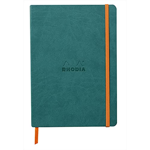 Rhodia 117442C - Notizheft Softcover Rhodiarama DIN A5 (14,8x21 cm), 80 Blatt, liniert Clairefontaine Papier Elfenbein 90g Lesezeichen, Gummizugverschluss, Cover aus Kunstleder Pfaugrün, 1 Stück von Rhodia