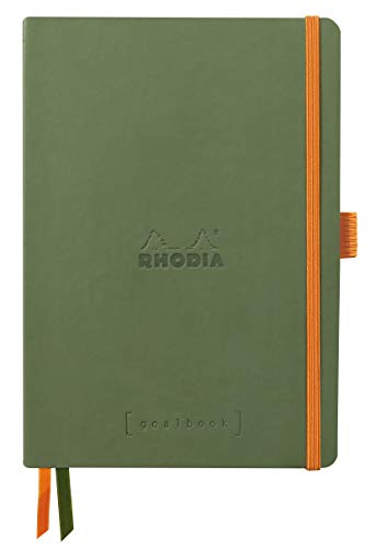Rhodia 117804C - Notizheft Softcover Rhodiarama Goalbook DIN A5 (14,8x21 cm), 120 Blatt, DOT, 2 Lesezeichenbänder, Gummizugverschluss, Cover aus Kunstleder Salbei, 1 Stück von Rhodia