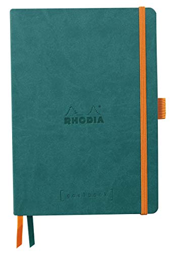 Rhodia 117806C - Notizheft Softcover Rhodiarama Goalbook DIN A5 (14,8x21 cm), 120 Blatt, DOT, 2 Lesezeichenbänder, Gummizugverschluss, Cover aus Kunstleder Pfaugrün, 1 Stück von Rhodia