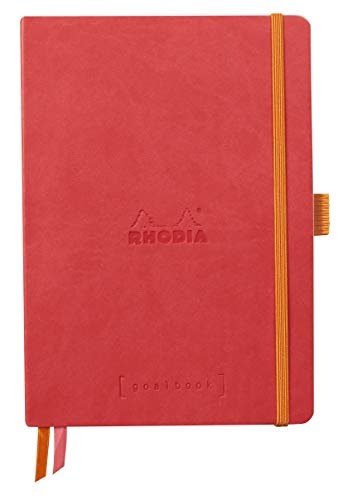 Rhodia 117810C - Notizheft Softcover Rhodiarama Goalbook DIN A5 (14,8x21 cm), 120 Blatt, DOT, 2 Lesezeichenbänder, Gummizugverschluss, Cover aus Kunstleder, Korallenrot, 1 Stück von Rhodia