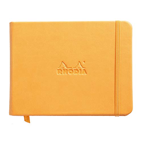 Rhodia 118028C - Webnotebook Querformat, 14x11 cm, 96 Blatt, blanko, Clairefontaine Papier Elfenbein 90g, Lesezeichen, Gummizugverschluss, Cover aus Kunstleder Orange, 1 Stück von Rhodia