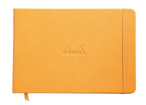Rhodia 118248C - Webnotebook Querformat DIN A5 (14,8x21 cm), 96 Blatt, liniert Clairefontaine Papier Elfenbein 90g, Lesezeichen, Gummizugverschluss, Cover aus Kunstleder Orange, 1 Stück von Rhodia