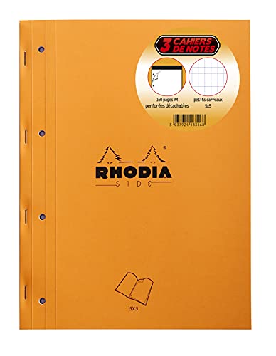 Rhodia 118316C - Set mit 3 Notizblöcken geheftet DIN A4 (22,3x29,7 cm), 80 Blatt mikroperforiert, 4-fach gelocht, kariert, Clairefontaine Papier weiß 80g, Cover Orange, 3 Stück von Rhodia