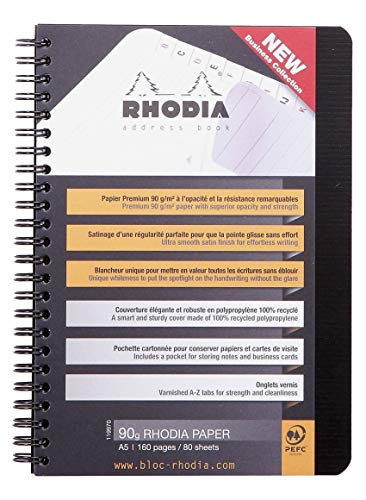 Rhodia 119970C Addressbuch (mit Doppelspiralbindung, DIN A5, 14,8 x 21 cm, Register bedruckt, 90 g, 80 Blatt) 1 Stück schwarz von Rhodia