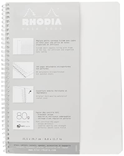 Rhodia 193001C Notizbuch (mit Doppelspirale, kariert, mikroperforiert, 80 g, DIN A4+ 225 x 297 mm, 80 Blatt) 1 Stück weiß/silber von Rhodia