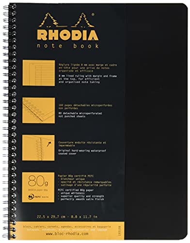 Rhodia 193109C Notizbuch (mit Spiralbindung, liniert mit Rand, 22,5 x 29,7 cm, 80 Blatt) 1 Stück schwarz von Rhodia