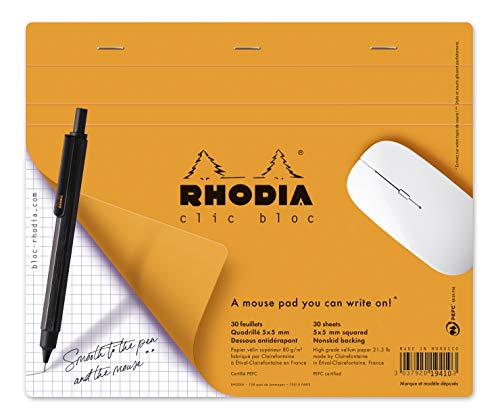 Rhodia 19410C - Mousepadblöcken Clic Bloc, 19x23 cm, 30 Blatt mikroperforiert, kariert, Clairefontaine Papier weiß 80g, Anti-Rutsch Funktion, Cover Orange, 1 Stück von Rhodia