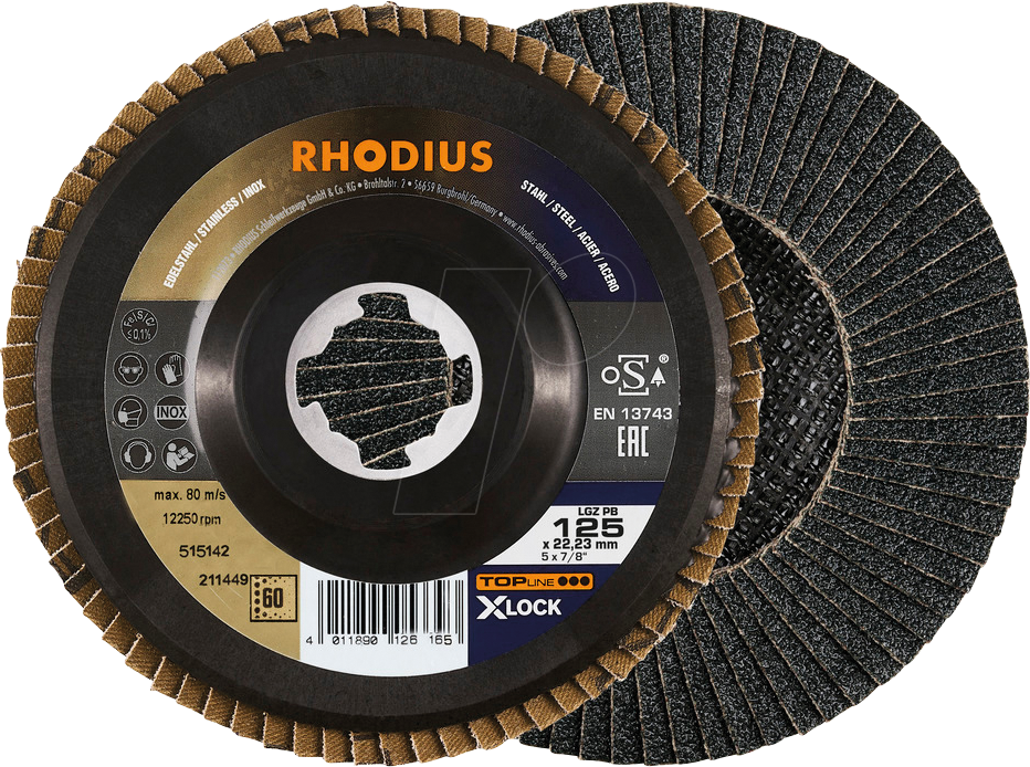 RHO 211450 - Fächerschleifscheibe, Edelstahl, Ø 125 mm, 60er Korn,  X-LOCK Au von Rhodius