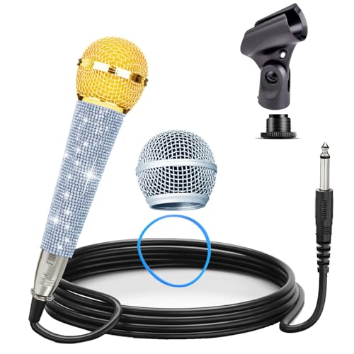 Rhymkawa Silberfarbenes Mikrofon mit 3.5 m XLR-Kabel, Clip-Halterung, Mutter-Adapter, dynamischer Gesangsmikrofon-Strass-Griff, Metallkörper (Silber) von RhymKawa