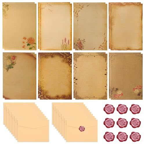 Vintage Briefpapier mit Umschlag, Vintage Schreiben Set, Briefumschlag Briefpapier Set mit 10 Briefumschläge Vintage, 16 Briefpapier A5 und 10 Wachssiegel-aufkleber, für Hochzeits Einladung Grußkarten Vintage Briefpapier mit Umschlag, Vintage Schreiben Set, Briefumschlag Briefpapier Set mit 10 Briefumschläge Vintage, 16 Briefpapier A5 und 10 Wachssiegel-aufkleber, für Hochzeits Einladung Grußkarten von Riceel